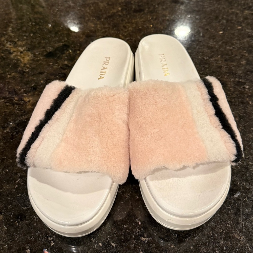 Prada Platform Faux Fur Slides/Slippers